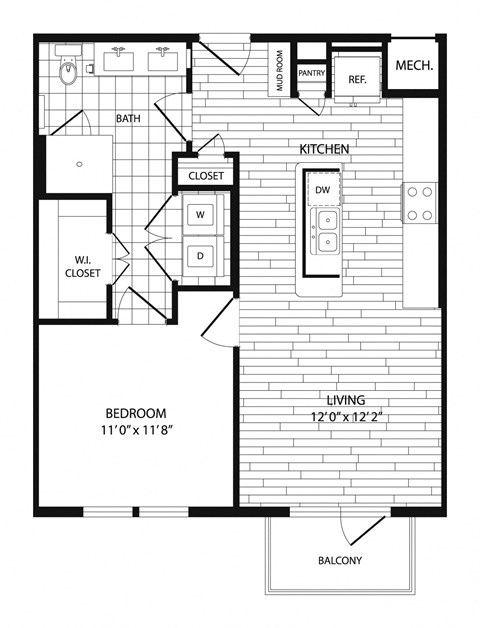 Floor plan for 1 bed, 1 bath, 724 sqft